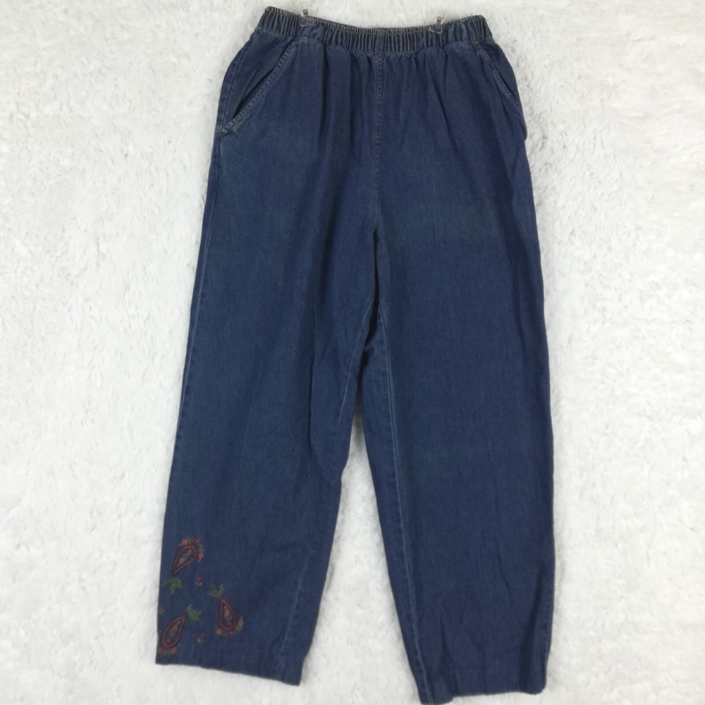 Erika Jeans Womans Straight Leg Blue Denim Embroidered Floral Elastic Petite PM